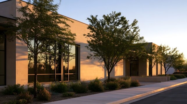 Modern building facade bathed in golden sunset light  featuring large glass   stone walls  and landscaped trees along a sidewalk