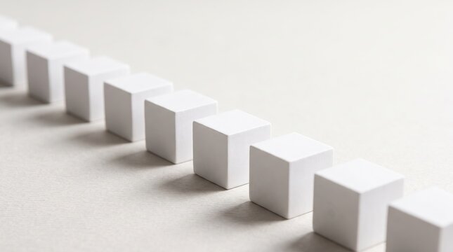 Small blank white cubes arranged in a diagonal line on a light textured background
