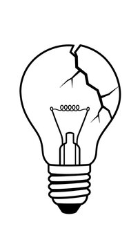 Simple line art drawing of a cracked incandescent light bulb with electricity innovation technology shattered creative electrical thinking solution illumination business