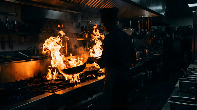 Professional chef cooking with fire in a commercial kitchen restaurant stove
