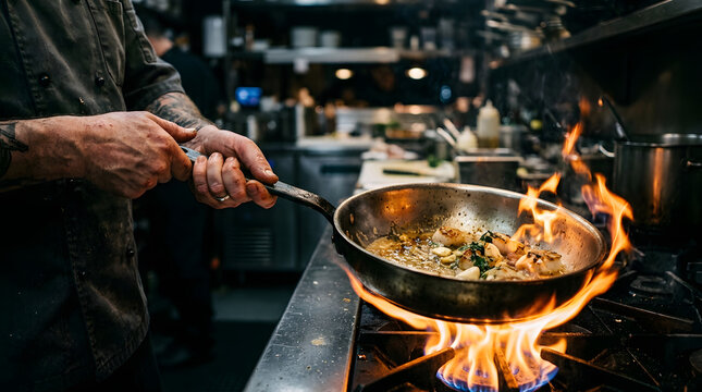 Professional chef cooking food in a frying pan with fire flames in a restaurant kitchen