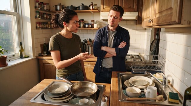 Housemates confront a full sink in their shared apartment kitchen