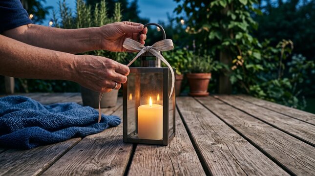Hands prepare a glowing lantern for a summer gathering