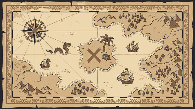 A vintage treasure map showing islands, compass, and sailing ships