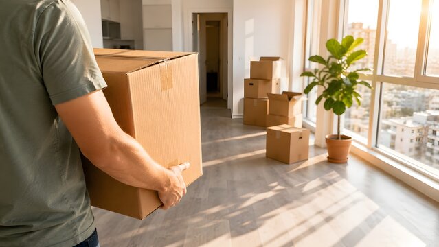 Man carrying large cardboard box into new bright sunny apartment during moving day relocation process with panoramic city view windows and plants