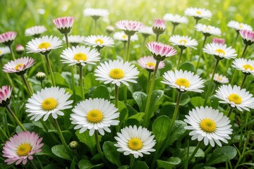 Obraz premium Field of white and pink daisies after summer rain. Tiny water droplets on fresh green leaves and petals. Sunlight shines through grass, illuminating delicate flowers in a garden.