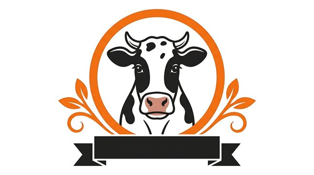 Cow head emblem with orange circle frame and black banner for organic farm logo