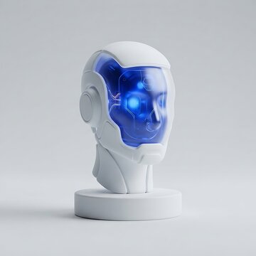 3D Futuristic Cyborg Robot Head Icon White Matte Cybernetic Shell with Glowing Blue Glass Visor for AI Assistant, Automation & Humanoid Tech Concepts
