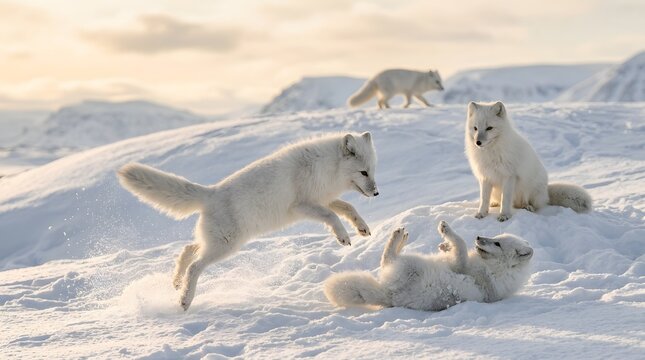 Three arctic foxes playing in a snowy tundra landscape