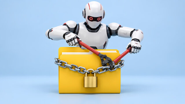 Humanoid robot using red-handled bolt cutters to break a metal chain and padlock securing a yellow digital folder, illustrating artificial intelligence, cybersecurity breach and confidential data acce