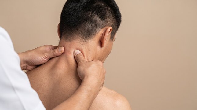 Professional physical therapist massaging patient neck performing deep tissue manual therapy in clinic