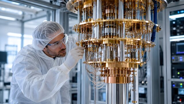 Quantum physicist inspecting a dilution refrigerator in a cleanroom laboratory, representing quantum computing hardware, deep tech research, and advanced physics.