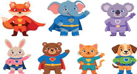 Obraz premium Cute Superhero Animals Set Fox Elephant Koala Bear Cat Dog Bunny in Cape Costume Vector Illustration