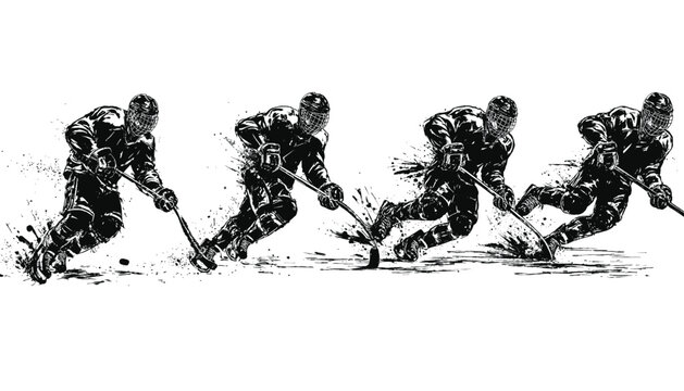 Ice hockey players in aggressive game action. Dynamic black and white sports silhouettes battling for puck control.