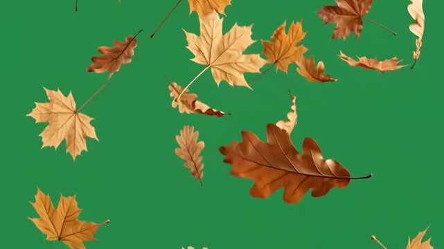 Autumn leaves falling on green screen background. Brown and orange maple foliage dropping. Seasonal nature transition for video editing.