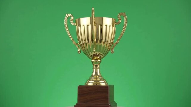 Golden trophy cup on wooden base, championship award for sports victory, shiny gold prize on green screen background