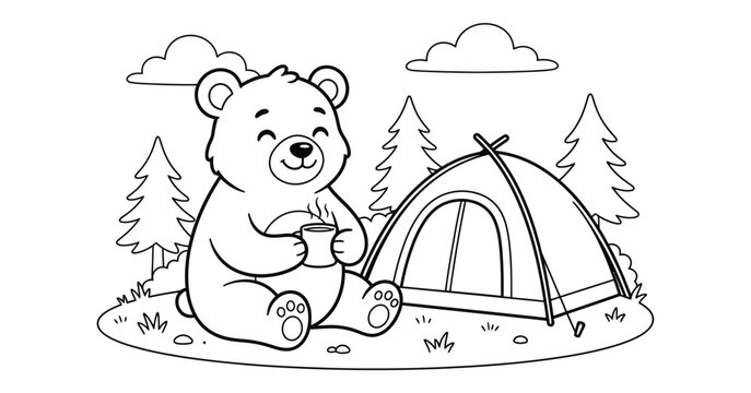 A delightful coloring page featuring a charming bear enjoying a peaceful camping adventure amongst the trees and fluffy clouds