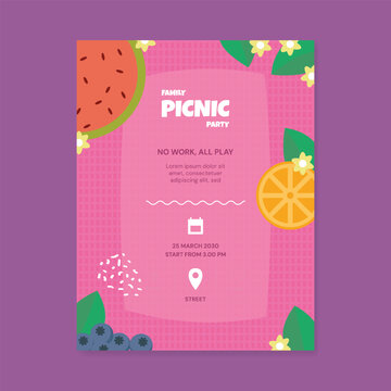 Picnic party invitation template with colorful summer fruit background
