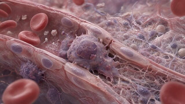 Conceptual 3d illustration of cancer metastasis showing tumor cells breaching a blood vessel endothelial wall to invade distant parenchyma during extravasation