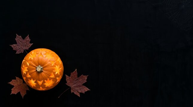 Carved Halloween Pumpkin with Maple Leaves