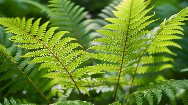 Green fern fronds gently swaying in a sunlit garden