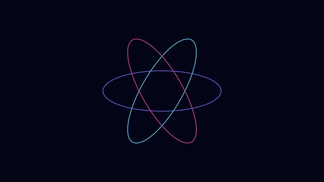 Rotating neon atom model: abstract science and technology 4k background, animation physics chemistry nucleus