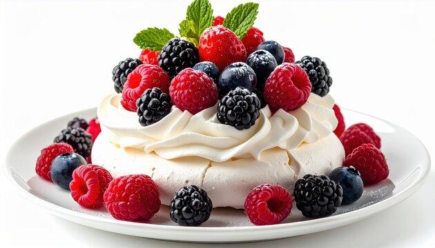 Elegant Pavlova meringue cake topped with fresh berries, isolated on white background, premium dessert photography