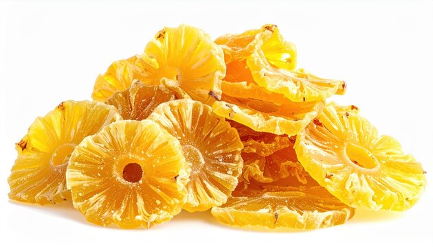 Heap of freeze-dried pineapple slices isolated on white background, healthy fruit snack