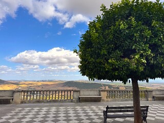 view over the Andalusian landscape from the the Mirador - Poema de José María Pemán in the old town of Vejer de la Frontera, Andalusia, Costa de la Luz, Spain © keBu.Medien