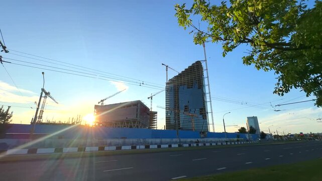 Construction of the Gazprom Center in Minsk is massive, multi-year multifunctional development project. Tower cranes on skyscrapers construction. Minsk, Belarus, september 01, 2026