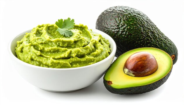 Bowl of guacamole with avocado isolated on white background