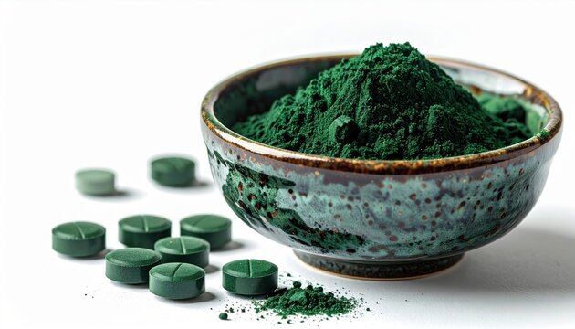 Spirulina algae powder in ceramic bowl with green tablets, isolated on white background, healthy superfood concept