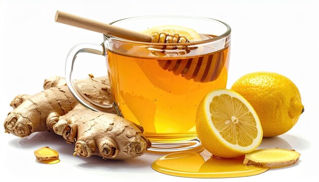Glass mug of ginger tea with honey and lemon, isolated on white background, wellness concept