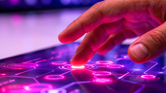 Hand interacting with futuristic glowing interface on a tablet
