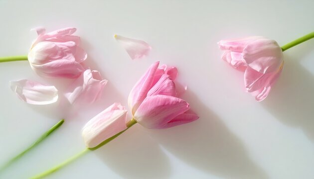 Pink tulips floating in milk with soft shadows, creative floral composition