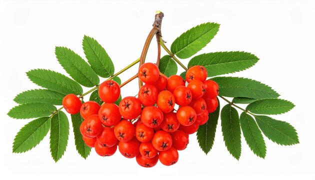 Fresh bunch of rowan berries with green leaves isolated on white background