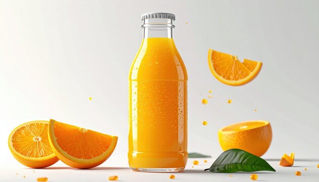 Transparent glass bottle filled with fresh orange juice isolated on white background, healthy beverage packaging