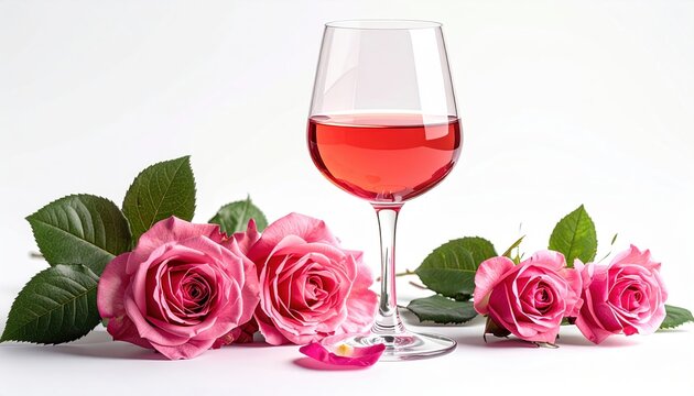 Elegant glass of rose wine isolated on white background, premium beverage photography