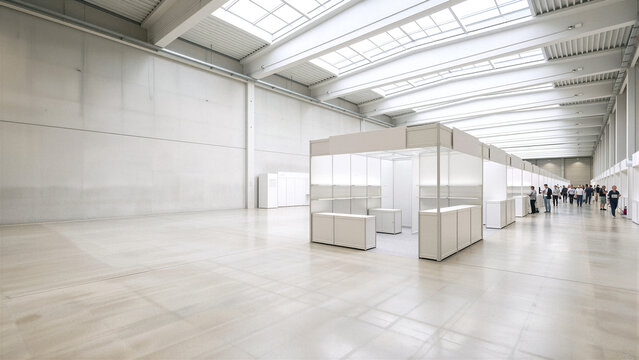 People walking through a modern exhibition hall with empty booths