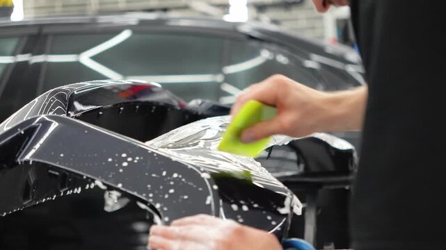 Professional auto detailer specialist applying a clear paint protection film PPF on a glossy black car. Male technician worker smoothing a wet polyurethane protective wrap with a green squeegee rakel.