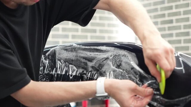 Professional auto detailer specialist applying a clear paint protection film PPF on a glossy black car. Male technician worker smoothing a wet polyurethane protective wrap with a green squeegee rakel.