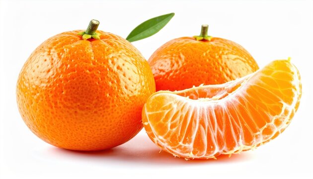 Whole mandarin with peeled segment, isolated on white background