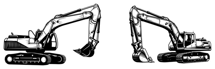 Heavy excavator machinery set in vintage woodcut engraving style, construction digger vehicles vector silhouettes © Luka