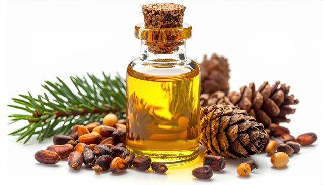 Bottle of pine nut oil with pine nuts arranged around, isolated on white background, luxury cooking oil concept