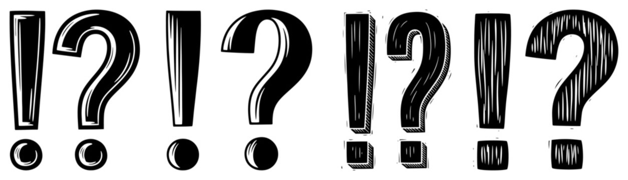 Exclamation and question mark pairs in hand drawn vintage style, question and answer punctuation symbols vector