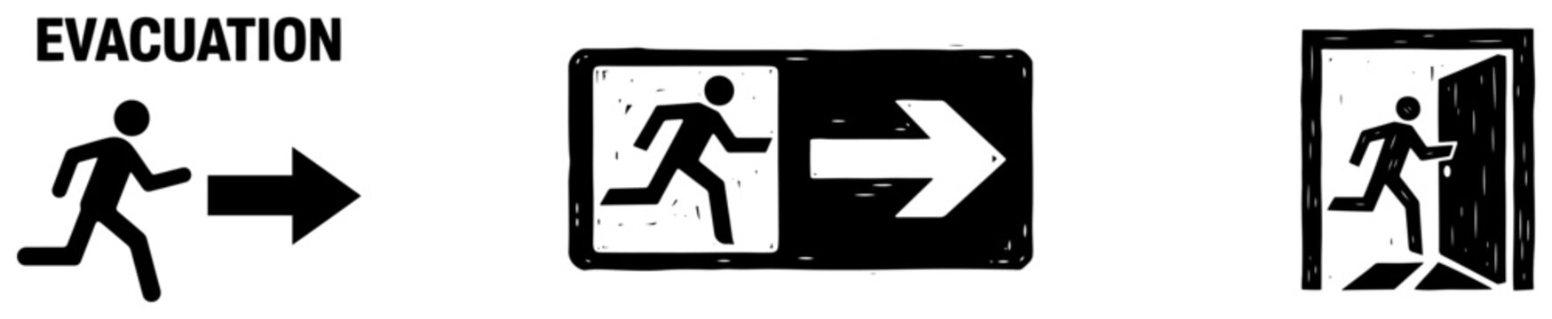 Emergency evacuation exit signs set in vintage woodcut style, safety escape route with running man and arrow symbols vector illustration