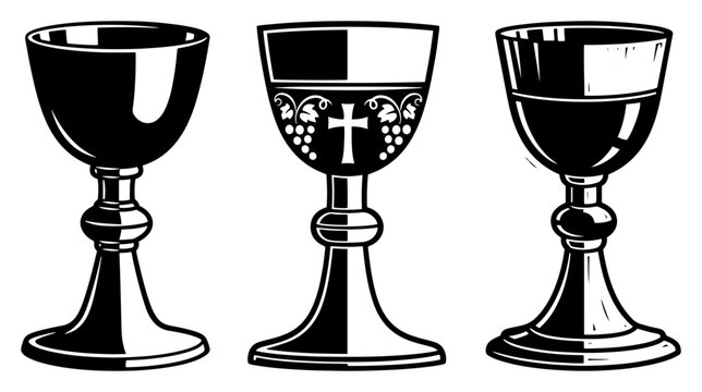 Chalice and goblet cups set in vintage woodcut engraving style, holy grail or ritual wine glass vector illustration