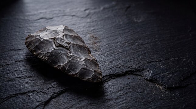 Prehistoric Bifacial Flint Handaxe on Dark Slate for Archaeology Website Banner