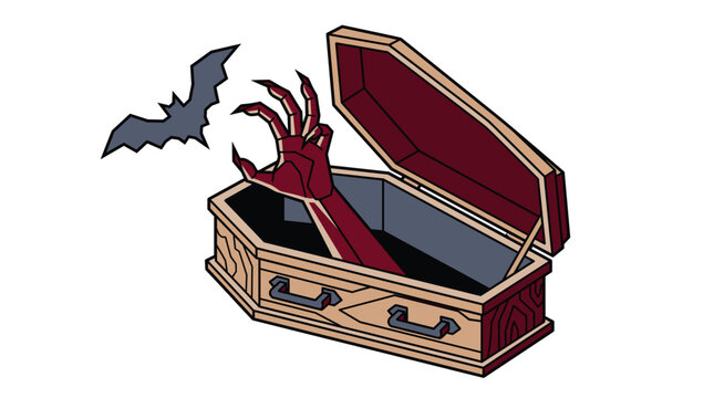 Vampire hand emerging from wooden coffin with flying bat in spooky halloween scene