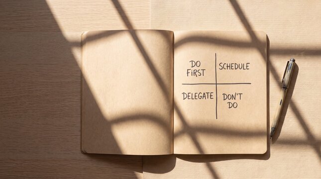 Minimalist Eisenhower Matrix Notebook on Beige Desk for Productivity Planning